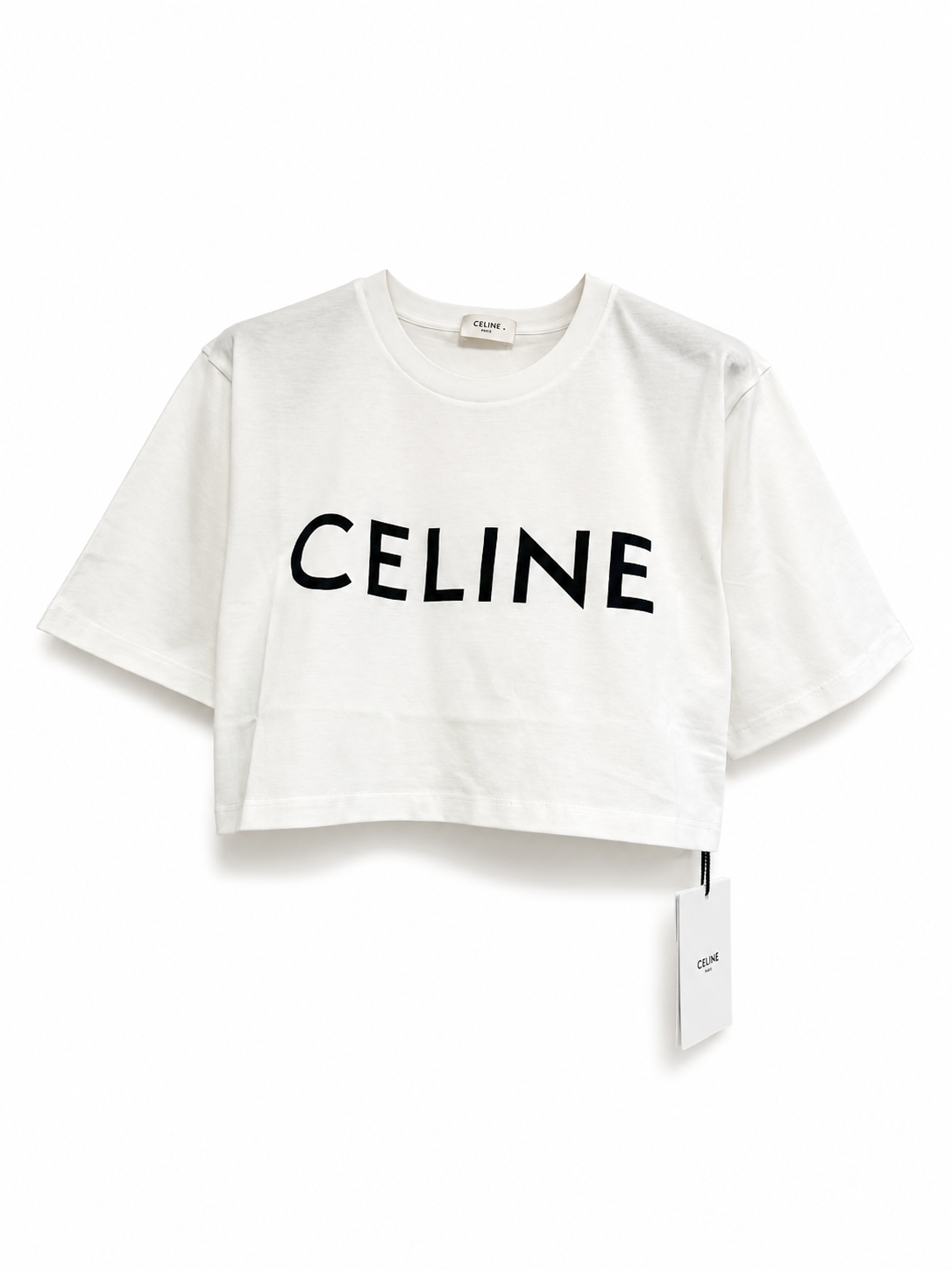 Celine White Cropped T-Shirt in cotton jersey with a black printed logo.