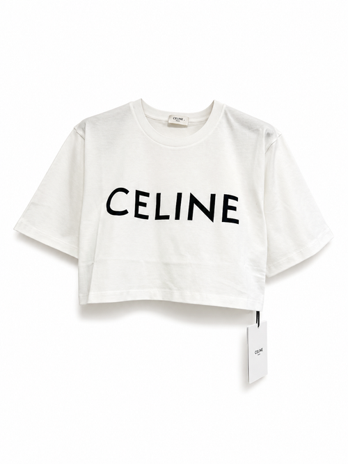 Celine White Cropped T-Shirt in cotton jersey with a black printed logo.