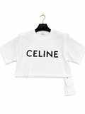 Celine White Cropped T-Shirt in cotton jersey with a black printed logo.