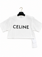 Celine White Cropped T-Shirt in cotton jersey with a black printed logo.