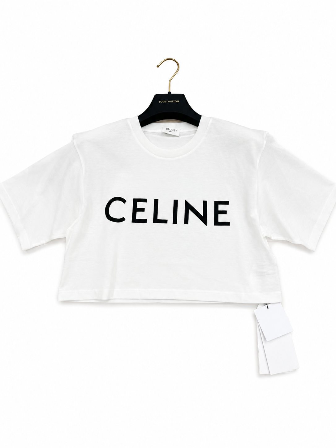Celine White Cropped T-Shirt in cotton jersey with a black printed logo.