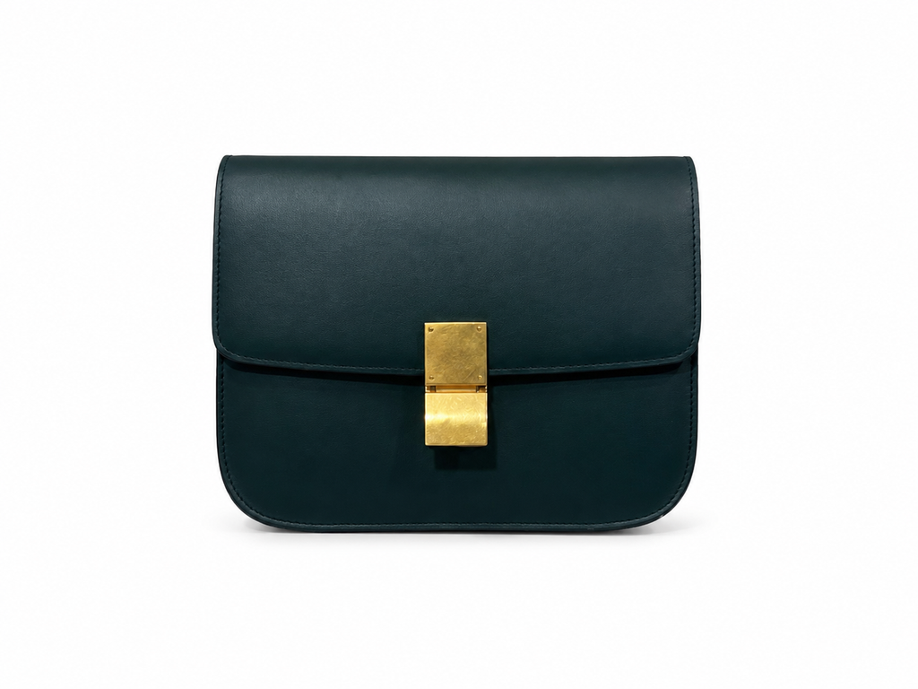 Celine Classic Box bag in dark green colour with gold-tone hardware