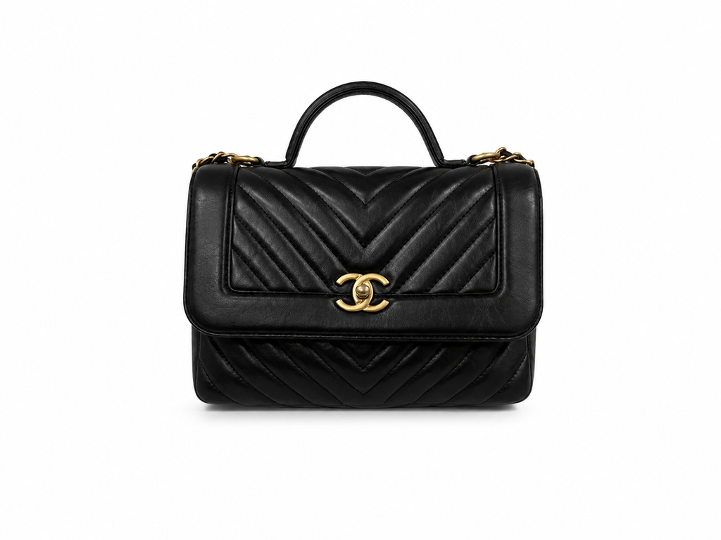 Chanel Black Chevron Top Handle Flap Handbag