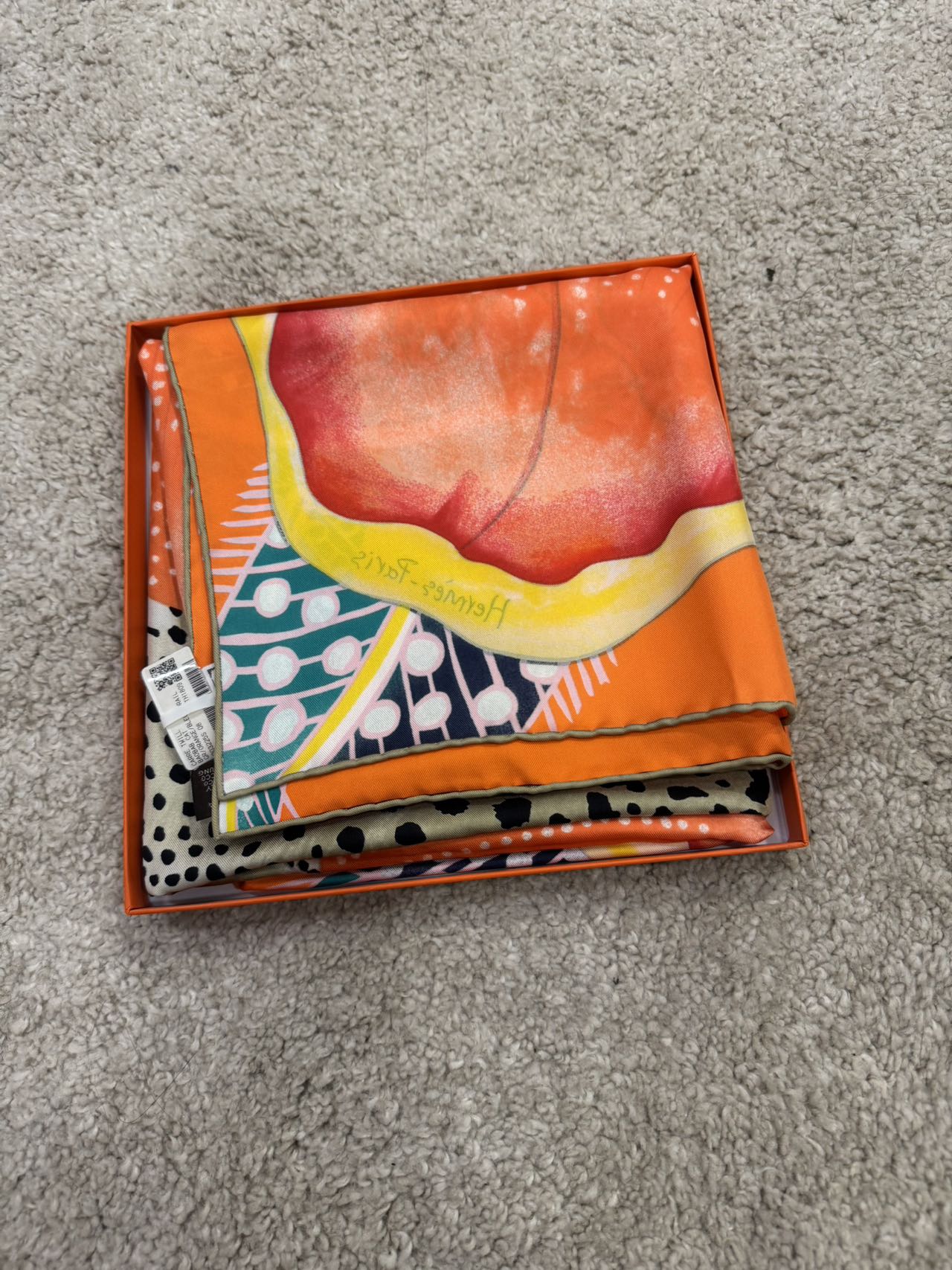 HERMES Carre Twill Silk Scarf Baobab Cat Orange