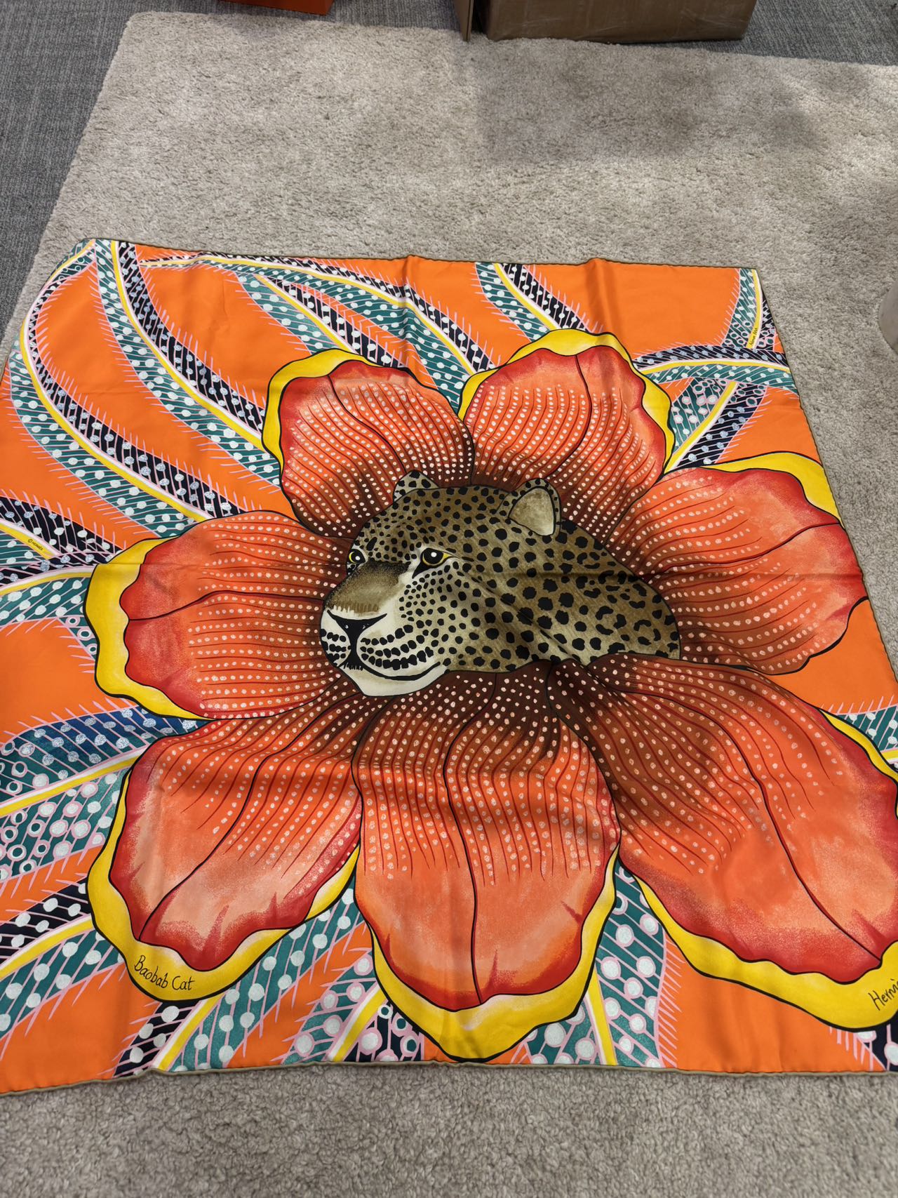 HERMES Carre Twill Silk Scarf Baobab Cat Orange