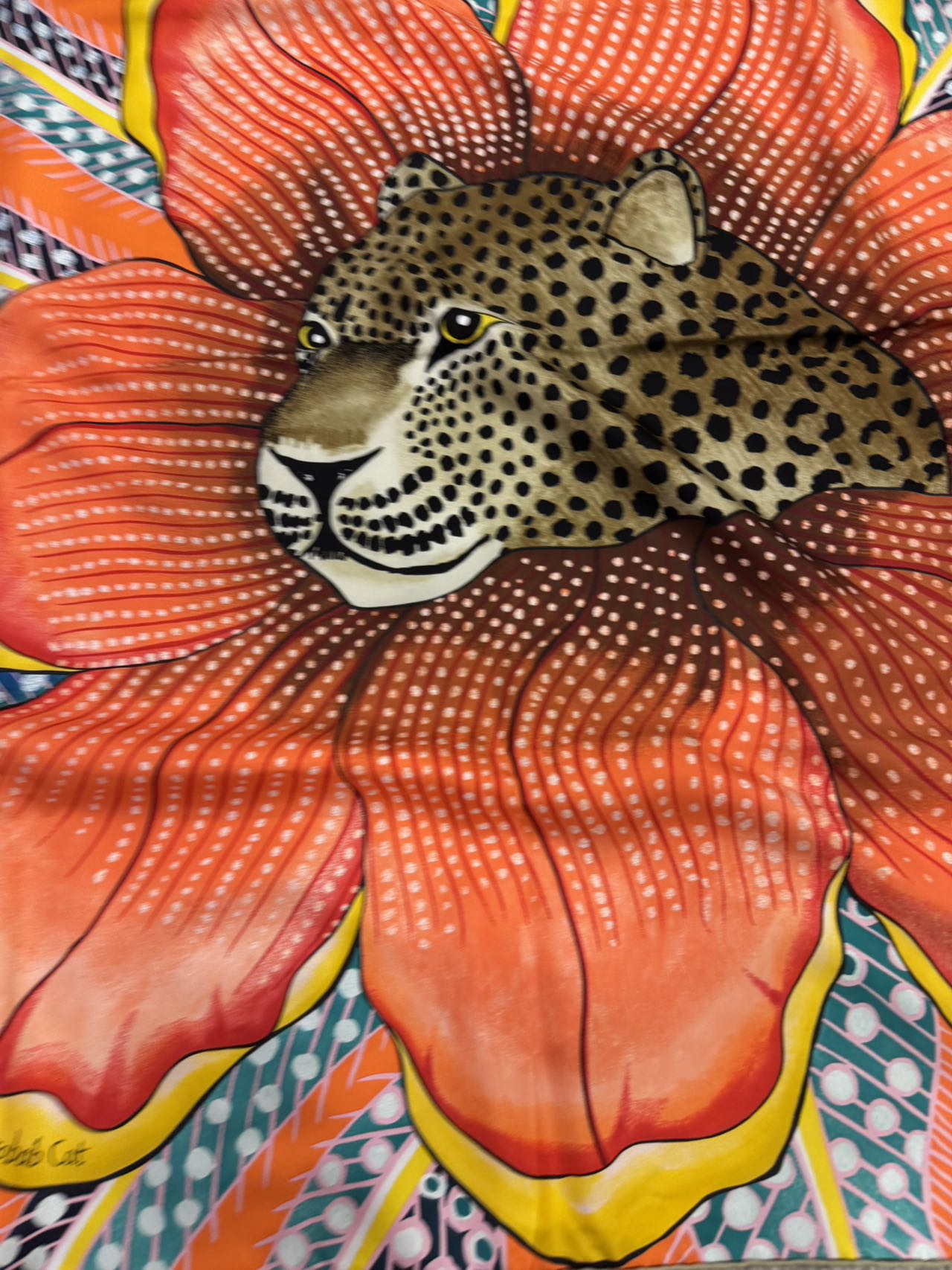 HERMES Carre Twill Silk Scarf Baobab Cat Orange