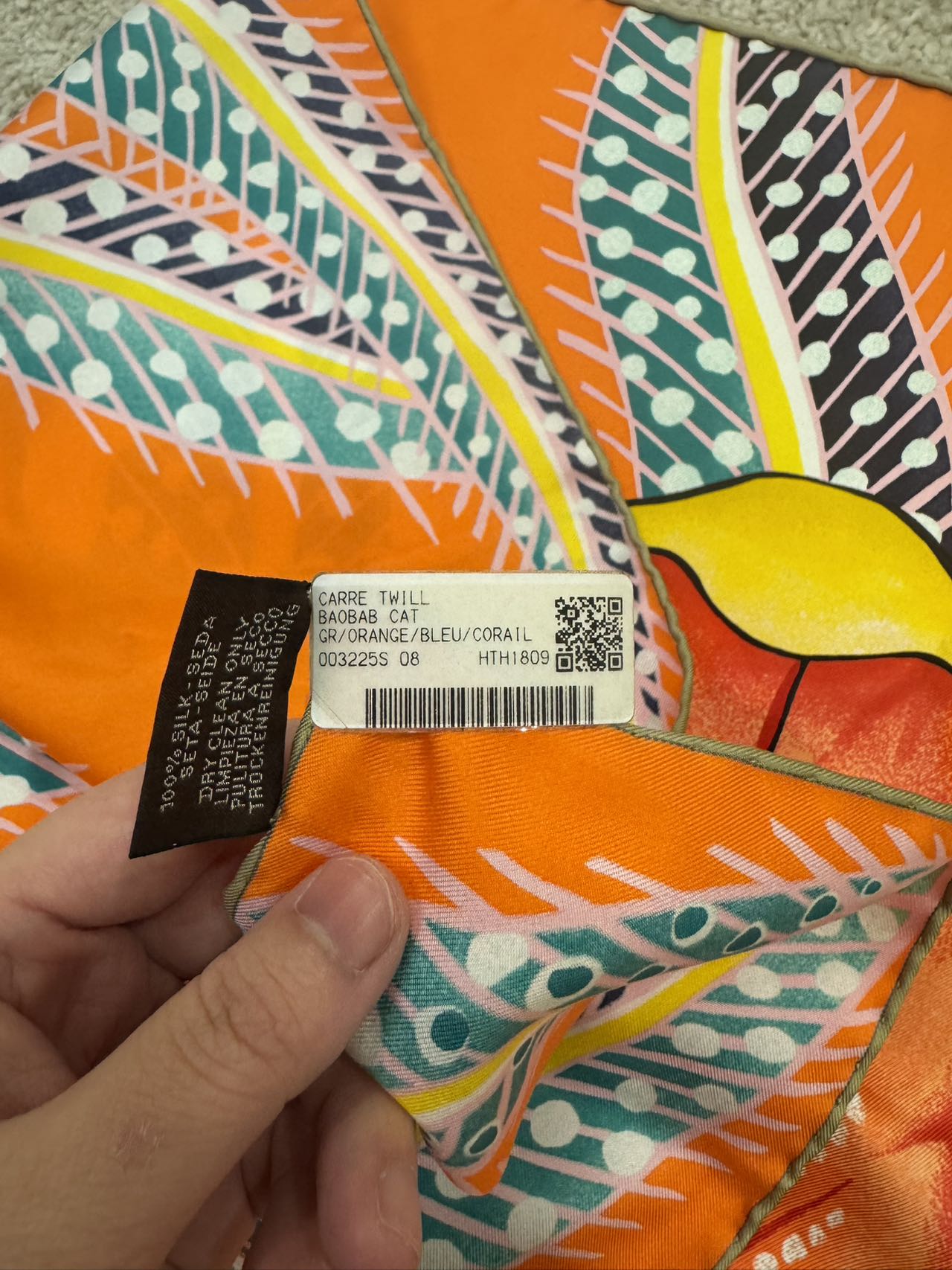 HERMES Carre Twill Silk Scarf Baobab Cat Orange