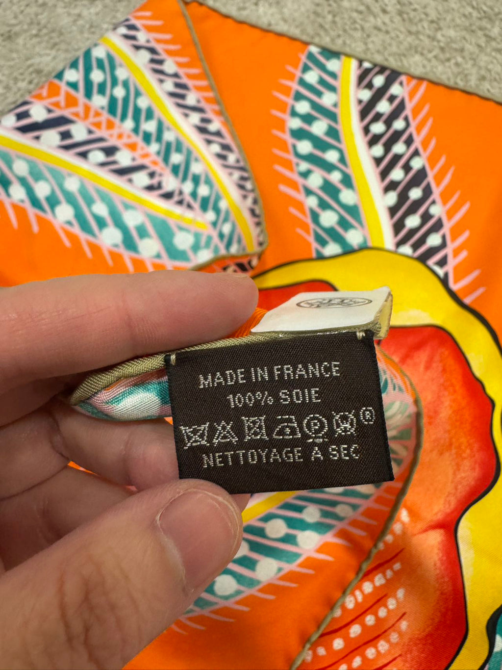 HERMES Carre Twill Silk Scarf Baobab Cat Orange