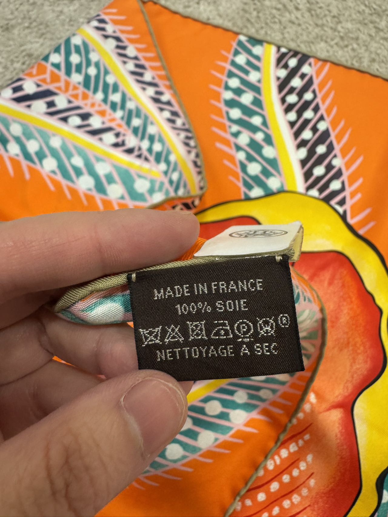 HERMES Carre Twill Silk Scarf Baobab Cat Orange